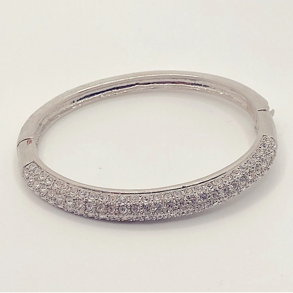 Lia Sophia Glitterati 3 Row Crystal Stone Silver Tone Hinged Bangle 6.6” / 2” D - Picture 1 of 7